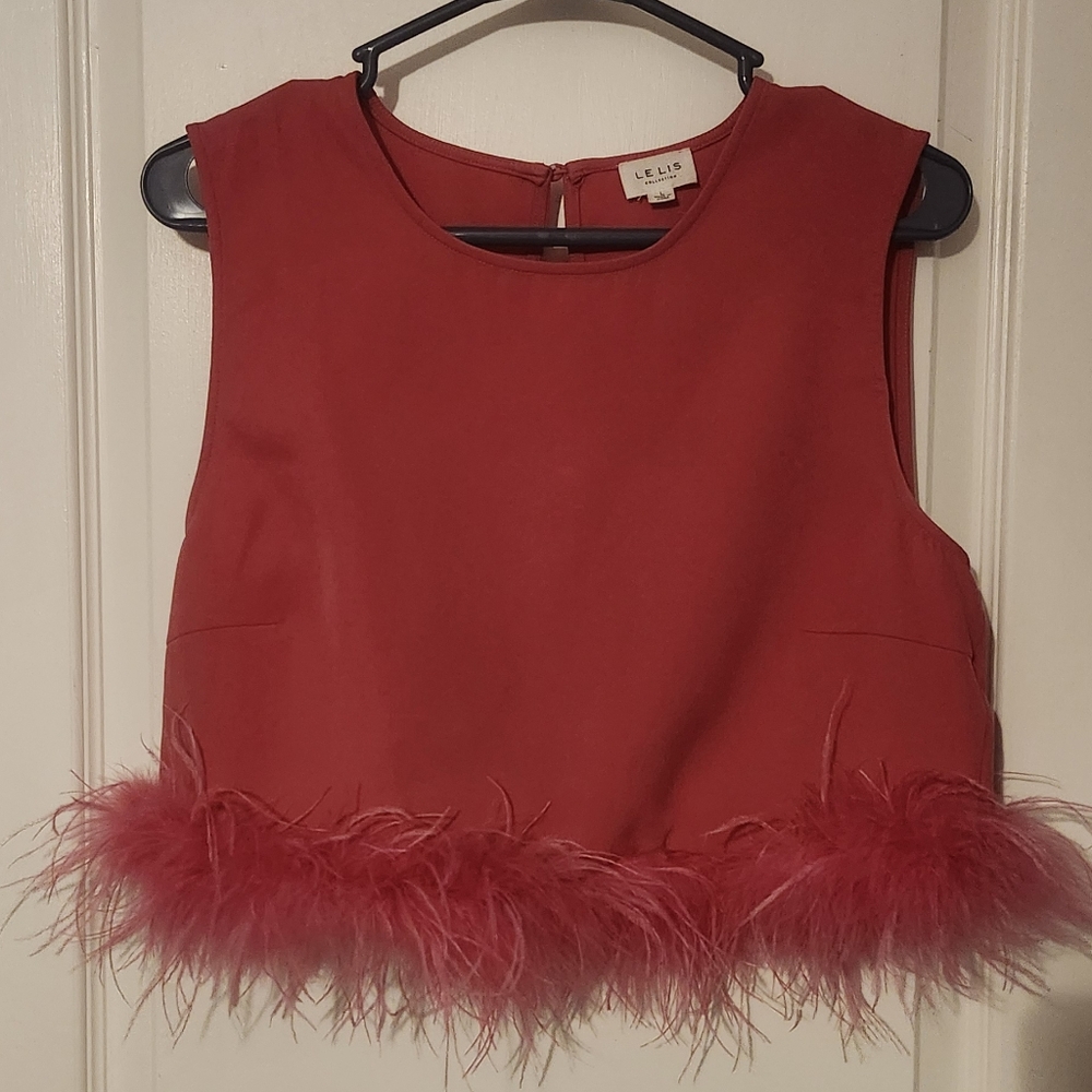 Le Lis Pink Crop Top with Feather Trim Size Large